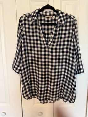 Soft Surroundings Navy and White Gingham V-Neck Tunic
